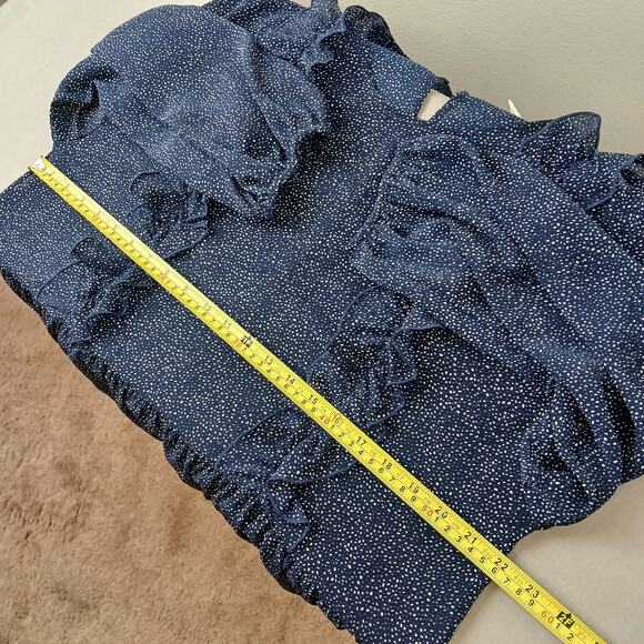 H&M Navy Speckle Ruffled Peplum Blouse 12 sheer retro 80s repaired LS - Picture 11 of 16